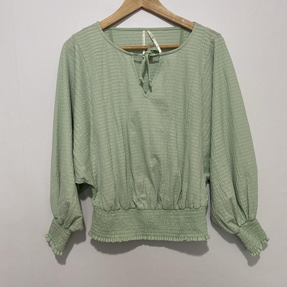 Anthropologie Rebecca Long Sleeve Smocked Waist Peasant Blouse Green Size XS